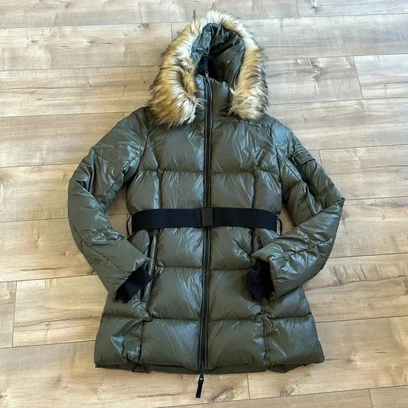 S13 Chalet Belted Faux Fur Trim Down-Fill Hooded Puffer Jacket Dark Green Sz M - Picture 3 of 14